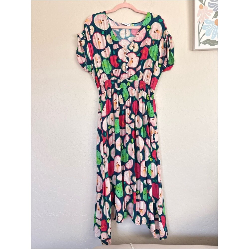 Proud Poppy Apple Print Midi Dress Navy Fruit Novelty Whimsical Size 6
